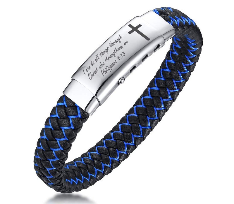 MEALGUET Bible Verse Religious Bracelets Christian Cross Scripture Engraved 2-Tone Black Blue Braided Bracelet Adjustable Wristband for Men,Personalized Inspirational Quotes, Religious Gifts - Image 1